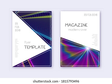 Triangle cover design template set. Rainbow abstract lines on dark blue background. Incredible cover design. Terrific catalog, poster, book template etc.