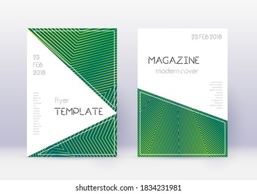 Triangle cover design template set. Green abstract lines on dark background. Impressive cover design. Outstanding catalog, poster, book template etc.