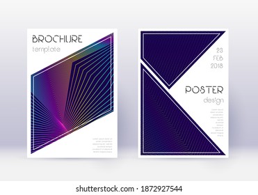 Triangle cover design template set. Rainbow abstract lines on dark blue background. Imaginative cover design. Comely catalog, poster, book template etc.