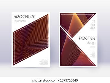 Triangle cover design template set. Orange abstract lines on wine red background. Ideal cover design. Splendid catalog, poster, book template etc.