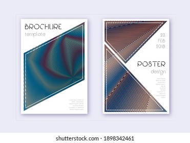 Triangle cover design template set. Red white blue abstract lines on dark background. Immaculate cover design. Divine catalog, poster, book template etc.