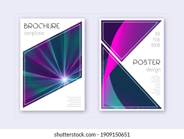 Conjunto de plantillas de diseño de portada triangular. Líneas abstractas neón sobre fondo azul oscuro. Diseño de portada ideal. Catálogo memorable, afiche, plantilla de libro, etc.