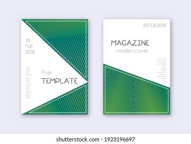 Triangle cover design template set. Green abstract lines on dark background. Impressive cover design. Pretty catalog, poster, book template etc.