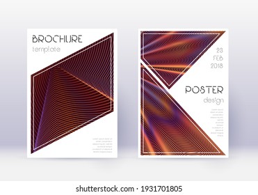 Triangle Cover Design Template Set. Orange Abstract Lines On Wine Red Background. Ideal Cover Design. Wondrous Catalog, Poster, Book Template Etc.