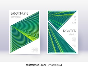 Triangle cover design template set. Green abstract lines on dark background. Great cover design. Worthy catalog, poster, book template etc.
