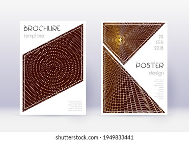 Triangle cover design template set. Gold abstract lines on maroon background. Great cover design. Original catalog, poster, book template etc.