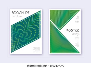Triangle cover design template set. Green abstract lines on dark background. Ideal cover design. Decent catalog, poster, book template etc.