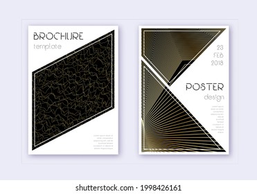 Triangle cover design template set. Gold abstract lines on black background. Great cover design. Juicy catalog, poster, book template etc.