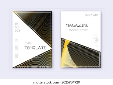 Triangle cover design template set. Gold abstract lines on black background. Immaculate cover design. Positive catalog, poster, book template etc.