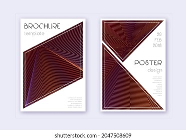 Triangle cover design template set. Orange abstract lines on wine red background. Ideal cover design. Radiant catalog, poster, book template etc.