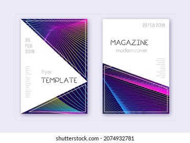 Triangle cover design template set. Rainbow abstract lines on dark blue background. Incredible cover design. Worthy catalog, poster, book template etc.