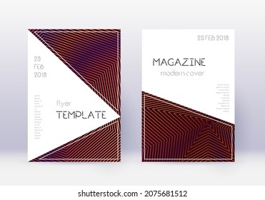 Triangle cover design template set. Orange abstract lines on wine red background. Incredible cover design. Ideal catalog, poster, book template etc.