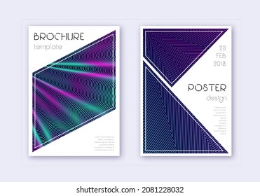 Triangle cover design template set. Neon abstract lines on dark blue background. Ideal cover design. Indelible catalog, poster, book template etc.