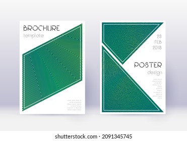Triangle cover design template set. Green abstract lines on dark background. Ideal cover design. Dazzling catalog, poster, book template etc.