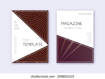 Triangle cover design template set. Gold abstract lines on maroon background. Impressive cover design. Extraordinary catalog, poster, book template etc.