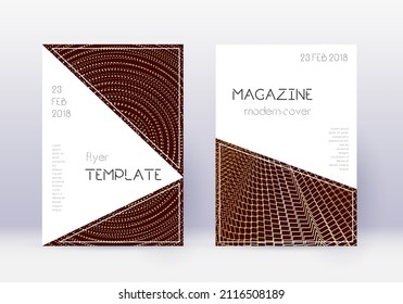 Triangle cover design template set. Gold abstract lines on maroon background. Impressive cover design. Captivating catalog, poster, book template etc.