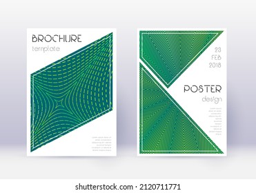 Triangle cover design template set. Green abstract lines on dark background. Ideal cover design. Charming catalog, poster, book template etc.