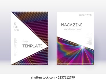 Design-Vorlagensatz für die Dreieck-Abdeckung Abstrakte Regenbogen-Linien auf weinrotem Hintergrund. Unablösbares Cover-Design. Kreativkatalog, Poster, Buchvorlage etc.