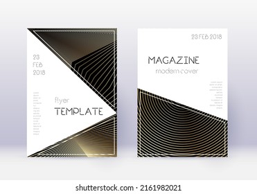Triangle cover design template set. Gold abstract lines on black background. Immaculate cover design. Unequaled catalog, poster, book template etc.
