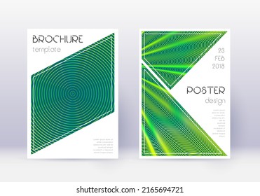 Triangle cover design template set. Green abstract lines on dark background. Ideal cover design. Elegant catalog, poster, book template etc.