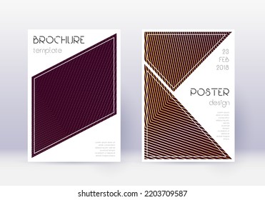 Triangle cover design template set. Gold abstract lines on maroon background. Great cover design. Majestic catalog, poster, book template etc.