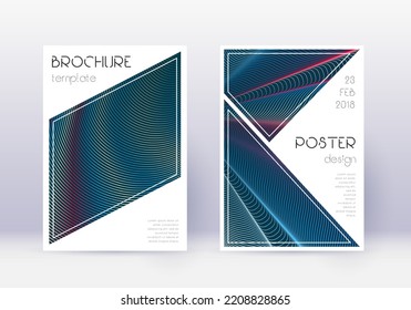 Design-Vorlagensatz für die Dreieck-Abdeckung Rote abstrakte Linien auf weißem, blauem Hintergrund. Fantasievolles Cover-Design. Trendkatalog, Poster, Buchvorlage etc.