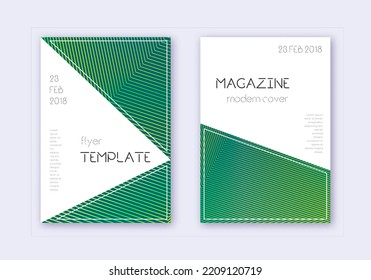 Triangle cover design template set. Green abstract lines on dark background. Impressive cover design. Majestic catalog, poster, book template etc.