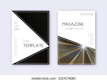Triangle cover design template set. Gold abstract lines on black background. Immaculate cover design. Worthy catalog, poster, book template etc.