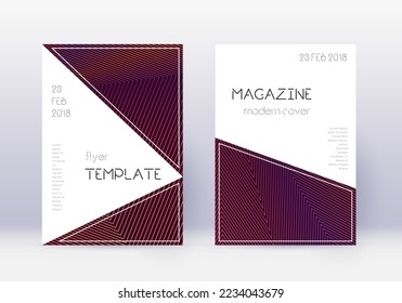 Triangle cover design template set. Orange abstract lines on wine red background. Incredible cover design. Immaculate catalog, poster, book template etc.