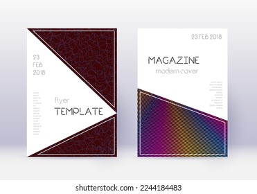 Triangle cover design template set. Rainbow abstract lines on wine red background. Indelible cover design. Comely catalog, poster, book template etc.