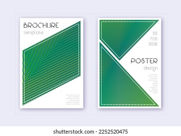 Triangle cover design template set. Green abstract lines on dark background. Ideal cover design. Bizarre catalog, poster, book template etc.