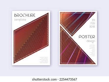 Triangle cover design template set. Orange abstract lines on wine red background. Ideal cover design. Resplendent catalog, poster, book template etc.