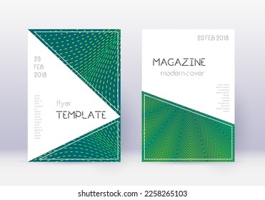 Triangle cover design template set. Green abstract lines on dark background. Impressive cover design. Modern catalog, poster, book template etc.