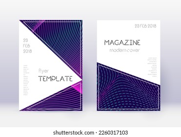 Triangle cover design template set. Neon abstract lines on dark blue background. Impressive cover design. Valuable catalog, poster, book template etc.