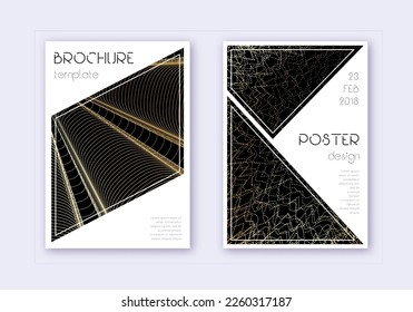 Conjunto de plantillas de diseño de portada triangular. Líneas abstractas de oro sobre fondo negro. Gran diseño de portada. Catálogo emocional, afiche, plantilla de libro, etc.