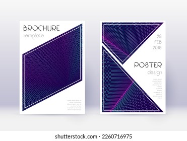 Triangle cover design template set. Neon abstract lines on dark blue background. Ideal cover design. Fascinating catalog, poster, book template etc.