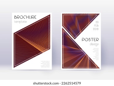 Triangle cover design template set. Orange abstract lines on wine red background. Imaginative cover design. Bold catalog, poster, book template etc.