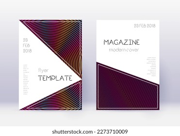 Conjunto de plantillas de diseño de portada triangular. Líneas abstractas del arcoiris sobre fondo rojo del vino. Diseño de cubierta indeleble. Divertido catálogo, afiche, plantilla de libro, etc.