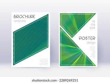 Design-Vorlagensatz für die Dreieck-Abdeckung Grüne abstrakte Linien auf dunklem Hintergrund. Ideal für Cover-Design. Bewitching Katalog, Poster, Buchvorlage etc.