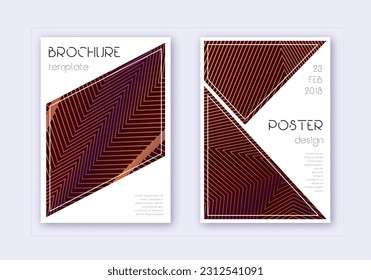 Conjunto de plantillas de diseño de portada triangular. Líneas abstractas naranjas sobre fondo de color rojo. Diseño de portada imaginativo. Catálogo sorprendente, afiche, plantilla de libro, etc.