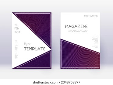 Triangle cover design template set. Violet abstract lines on dark background. Indelible cover design. Sightly catalog, poster, book template etc.