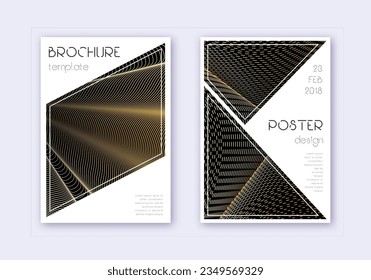 Conjunto de plantillas de diseño de portada triangular. Líneas abstractas de oro sobre fondo negro. Gran diseño de portada. Catálogo elegante, afiche, plantilla de libro, etc.