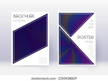 Triangle cover design template set. Rainbow abstract lines on dark blue background. Imaginative cover design. Glamorous catalog, poster, book template etc.