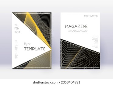 Triangle cover design template set. Gold abstract lines on black background. Immaculate cover design. Powerful catalog, poster, book template etc.