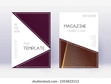 Design-Vorlagensatz für die Dreieck-Abdeckung Goldene abstrakte Linien auf Maronhintergrund. Beeindruckendes Cover-Design. Atemberaubender Katalog, Poster, Buchvorlage etc.