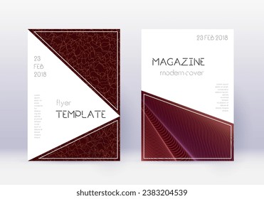 Triangle cover design template set. Orange abstract lines on wine red background. Incredible cover design. Lovely catalog, poster, book template etc.
