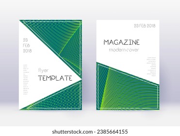 Triangle cover design template set. Green abstract lines on dark background. Impressive cover design. Positive catalog, poster, book template etc.