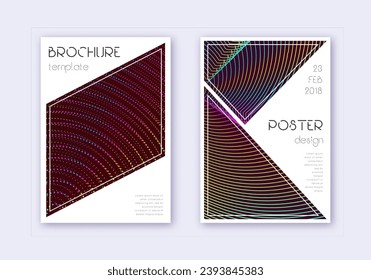 Triangle cover design template set. Rainbow abstract lines on wine red background. Imaginative cover design. Juicy catalog, poster, book template etc.