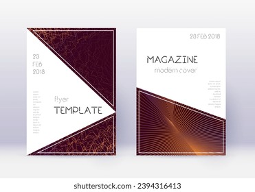 Triangle cover design template set. Orange abstract lines on wine red background. Incredible cover design. Decent catalog, poster, book template etc.