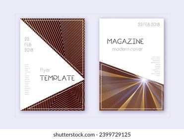 Conjunto de plantillas de diseño de portada triangular. Líneas abstractas de oro sobre fondo marrón. Impresionante diseño de portada. Catálogo auténtico, afiche, plantilla de libro, etc.